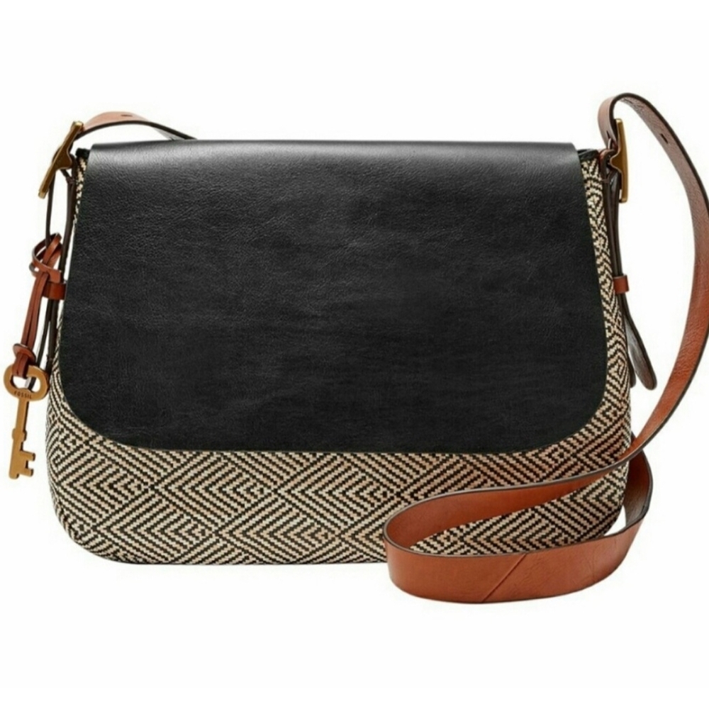 Fossil Harper Small Leather & Straw Crossbody Bag
